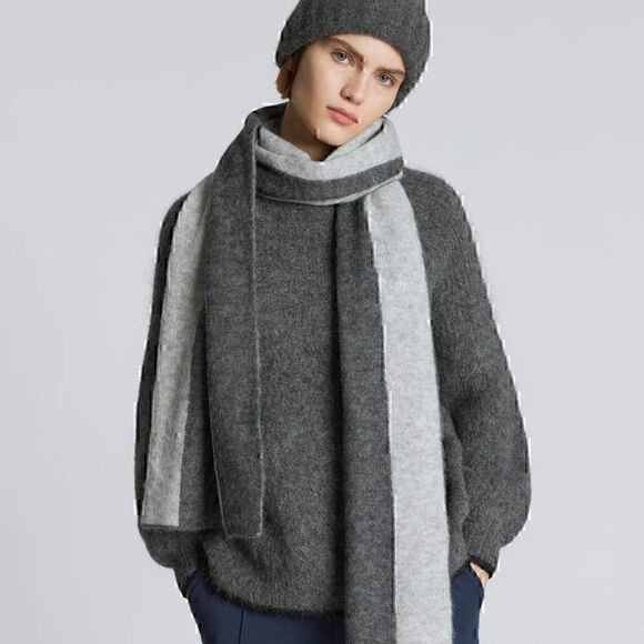 NWT Everlane Alpaca Wool Blend Knit Patterned Scarf Wrap Grey Striped - Picture 4 of 6
